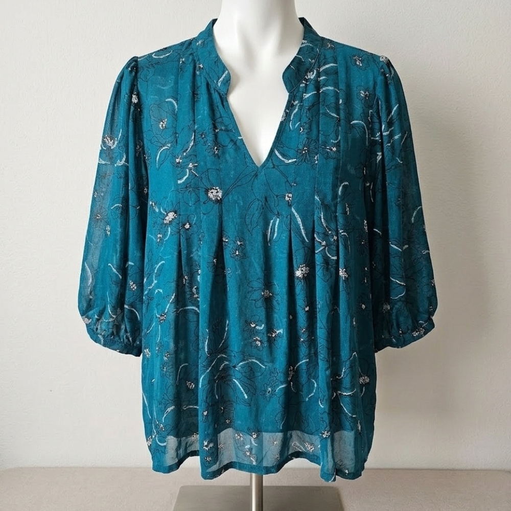 Black Rainn Teal Floral Split-Neck Blouse